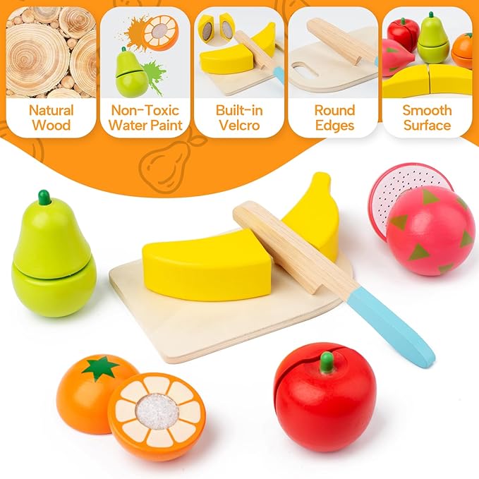 Wooden Play Food Sets for Kids Kitchen, Pretend Play for Toddlers, Montessori Wooden Food Toys, Velcro Cutting Fruit Toys, Play Food for Kids Ages 4-8, Boys Girls Birthday Gifts