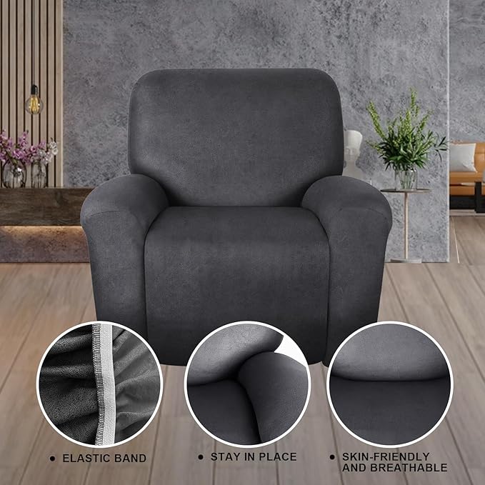 Leather Look Recliner Chair Covers Stay in Place 4-Piece Lazy Boy Recliner Slipcovers for Reclining Chair Furniture Protector Spandex Fabric Washable (X-Large, Dark Gray)