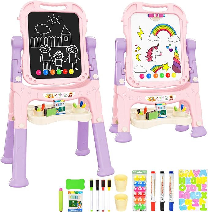 Kids Art Easel, Adjustable Drawing White Board & Chalk Board, Toddler Standing Easel with Painting Accessories, Gift for Girls Boy (Pink)