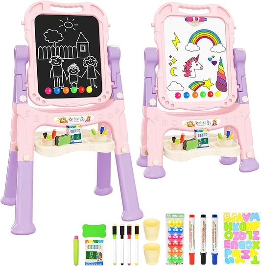 Kids Art Easel, Adjustable Drawing White Board & Chalk Board, Toddler Standing Easel with Painting Accessories, Gift for Girls Boy (Pink)