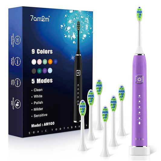 7AM2M Sonic Electric Toothbrush with 6 Brush Heads for Adults&Kids, One Charge for 120 Days, Wireless Fast Charge, 5 Modes, 40000VPM Powered Toothbrush (Purple)