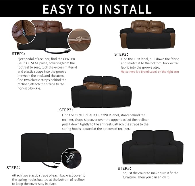 Easy-Going Oversized 6 Pieces Microfiber Stretch Sectional Recliner Loveseat Sofa Slipcover Soft Fitted Fleece 2 Seats Couch Cover Washable Furniture Protector with Elasticity for Kids Pet Black