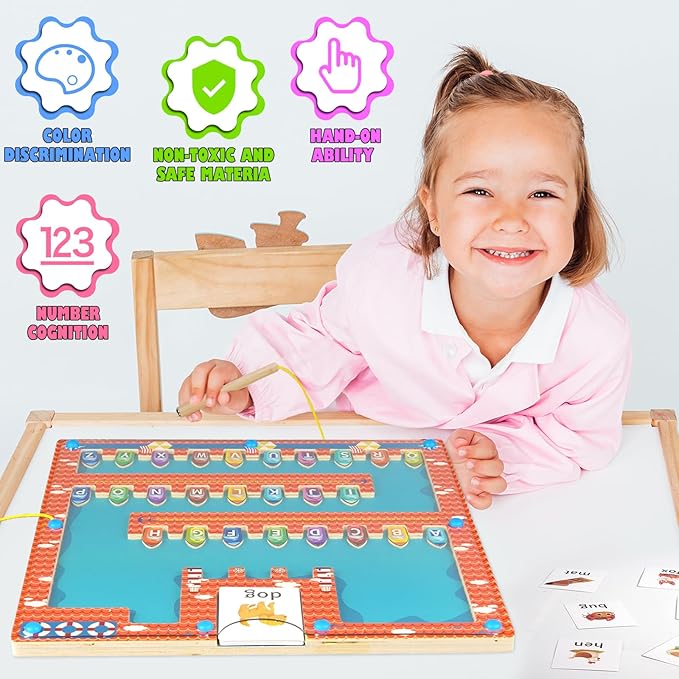Wooden Magnetic Alphabet Maze, Montessori Fine Motor Skills Toys for 3+ Year Old Boys and Girls, Magnetic Ship Letter Puzzle Board for Toddler Preschool Learning Activities