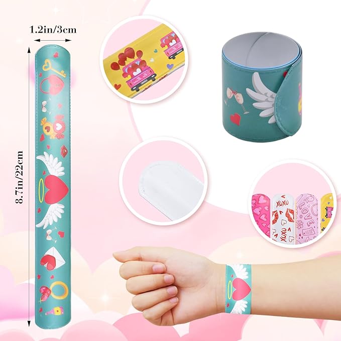 48 Pieces Valentine's Day Slap Bracelets Bulk Party Favors for Kids - 12 Designs Love and Hearts Snap Bands, Classroom Exchanges, Goodie Bag Fillers Stuffers, Wrist Decorations Gifts Prizes Supplies
