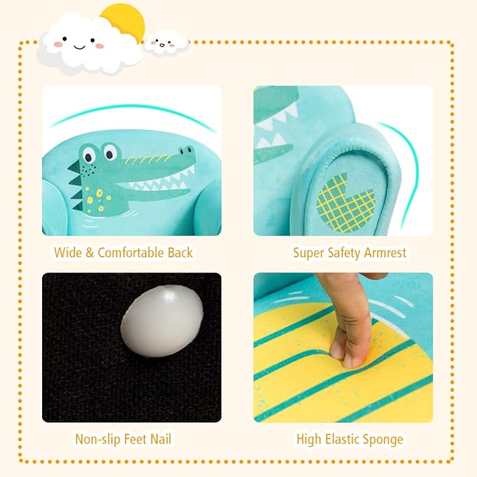 Costzon Kids Couch, Children's Sofa Armrest Chair with Pattern, Toddler Furniture w/Sturdy Wood Construction, Preschool, Lightweight Kids Couch Sofa Chair for Aged 1-5 Boys & Girls Gifts, Crocodile