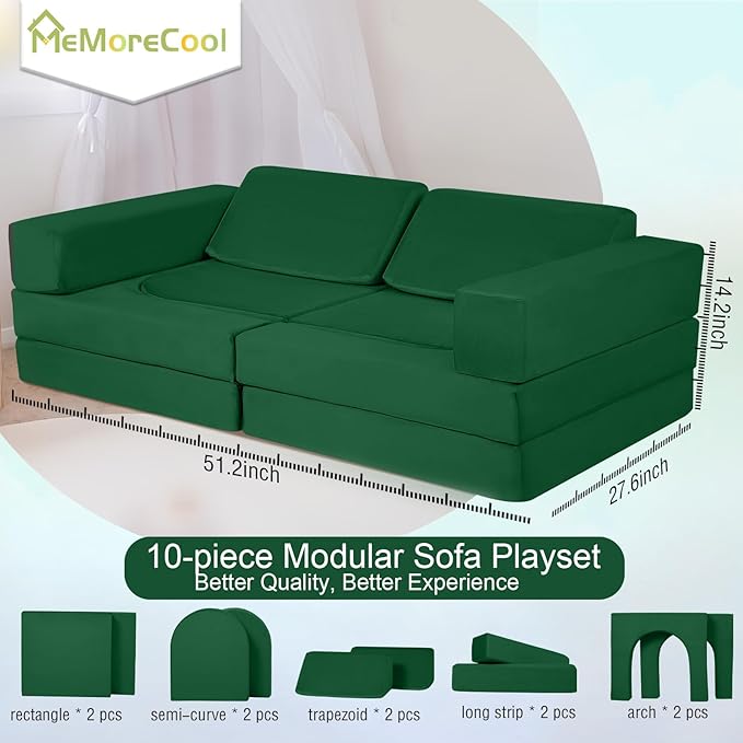 MeMoreCool 10-Piece Modular Kids Play Couch, Convertible Foam Climbing Sofa for Playroom & Reading Corner, Forest Green Kids Furniture Set