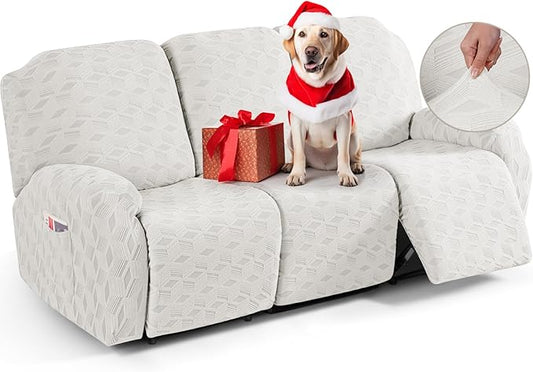 TAOCOCO Recliner Sofa Covers Stretch Reclining Couch Cover, Jacquard Recliner Couch Cover for 3 Seat Furniture Protector Sofa Slipcovers with Elastic Bottom for Kids, Pets (Cream White)