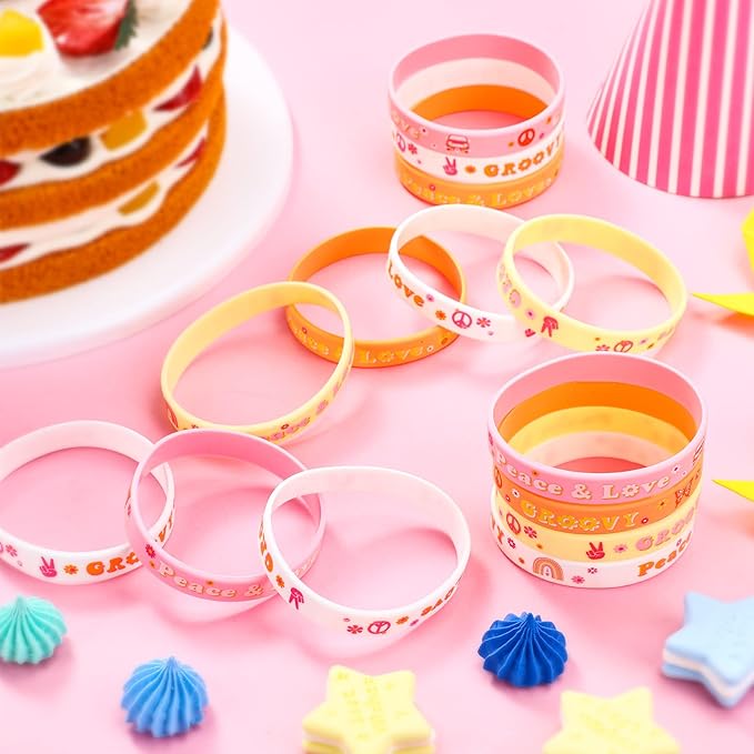 28 Pieces Groovy Retro Hippie Silicone Wristbands Daisy Flower Peace and Love Rubber Bracelets Daisy Party Favors for Kids adults 60s 70s Two Groovy themed Birthday Party Decoration Supplies