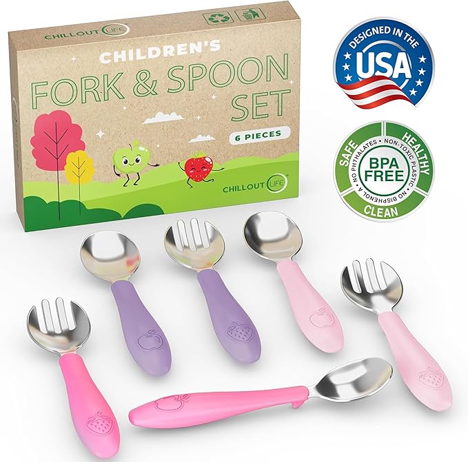 CHILLOUT LIFE Toddler Utensils, Kids Silverware with Silicone Handle, Stainless Steel Metal Toddler Forks and Spoons Safe Baby Cutlery Set for Self Feeding BPA Free Dishwasher Safe