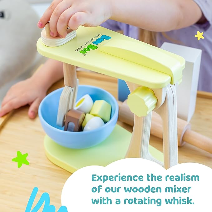Bimi Boo 10-Piece Wooden Mixer Set for Toddlers - Make-a-Cake Pretend Play Cooking Set - Play Kitchen Accessories for Baking for Boys and Girls