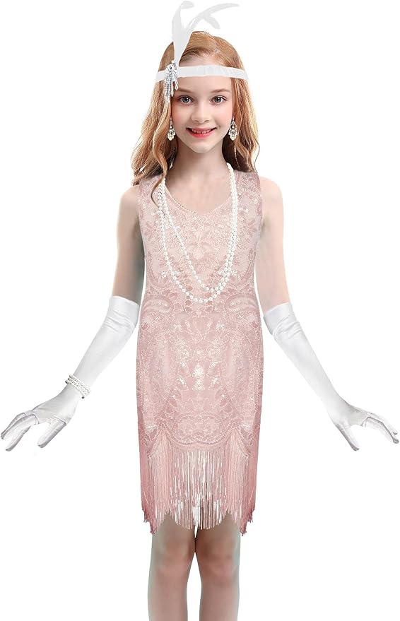 1920's Sequins Flapper Dress Children's Day Gift Party Halloween Costumes for Girls Accessories Set
