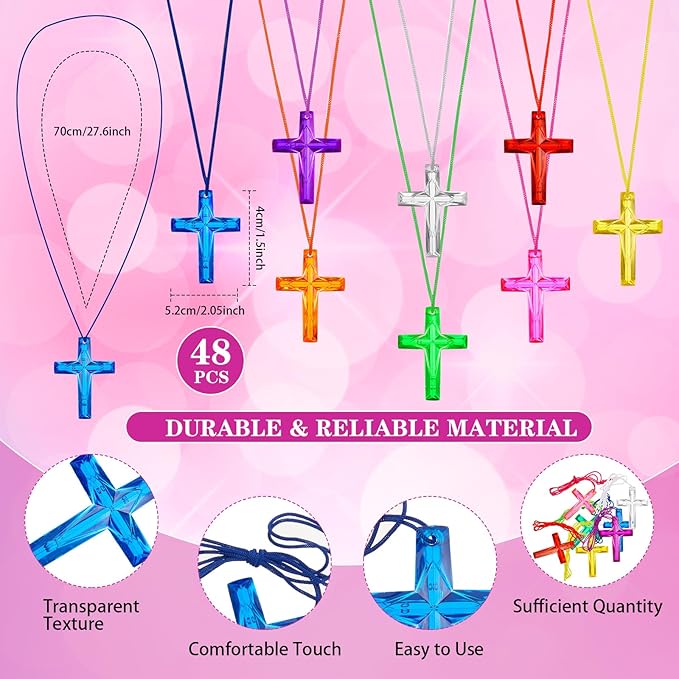 48 Pcs Cross Necklaces Christian Religious Party Favors Include 24 Plastic Crystal Cross Necklace DIY Craft Gifts with 24 Bracelet for Vacation Bible Prize Favor (Cross)