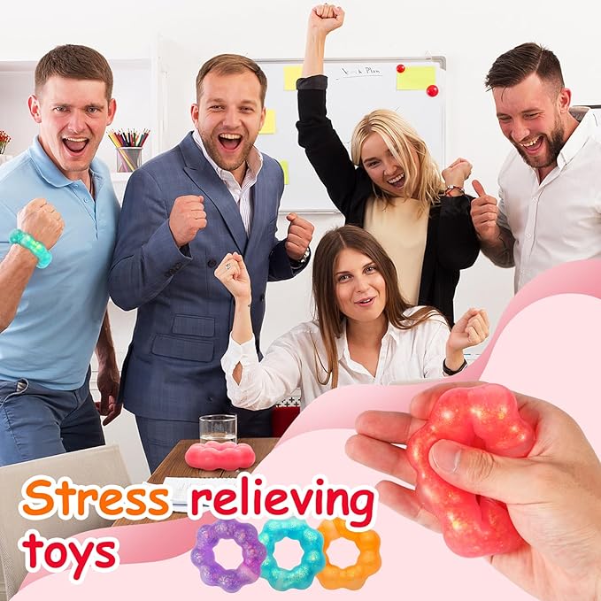 4-Pack Squishy Toys, Wearable Bracelet Stress Balls Fidget Toys, Soft Donut Stress Relief Sensory Toy for Kids Adults, Squeeze Balls Stress Toys for Party Favors Goodie Bags Stuffers