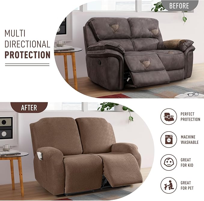 KinCam Recliner Covers, Stretch Reclining Chair Covers, Recliner Sofa Slipcovers Stripe Jacquard Recliner Couch Covers Furniture Protector Covers for Pet Kid (2XL Seater, Light Coffee)
