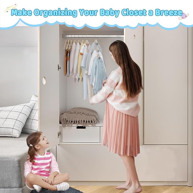 4our Kiddies Baby Hangers Space Saving(18 Pcs), Heavy Duty Metal Kids Closet Clothes Organizer for Nursery, Connector Hooks for Girl Boy Toddler Child Clothes, Fit Most Hangers