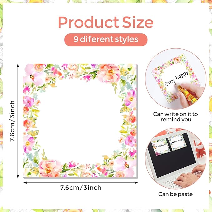 9 Pieces Spring Wreath Sticky Notes Flower Notes Pads Self-Adhesive Floral Sticky Memo Notes for Spring School Work Office Home Supplies Students Teachers Present
