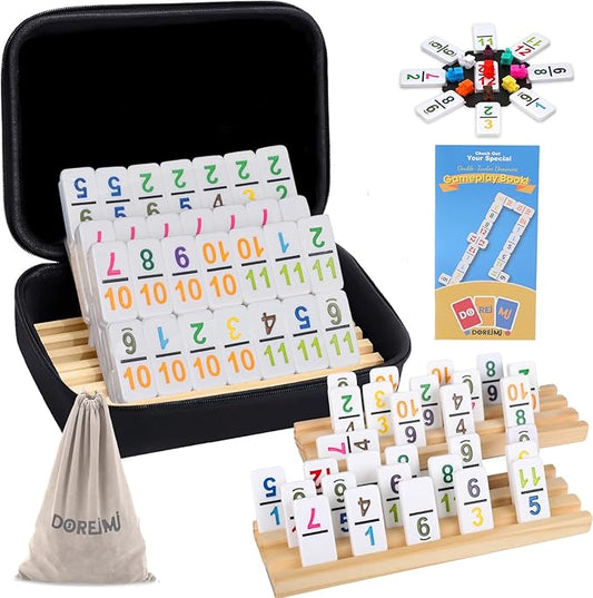 Mexican Train Dominoes Set Numbers and 4 Wooden Racks,Double 12 Travel Domino Train Game with 91 Colored Tiles and Protable Case, Number Domino Set for Kids, Adults Family Board Team Games