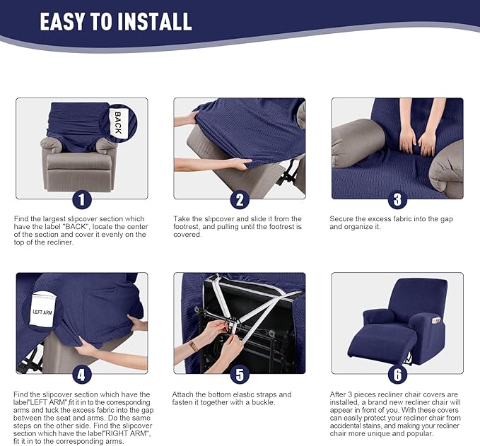 KinCam Recliner Covers, Stretch Reclining Chair Covers, Recliner Sofa Slipcovers Stripe Jacquard Recliner Couch Covers Furniture Protector Covers for Pet Kid (1 Seater, Dark Blue)