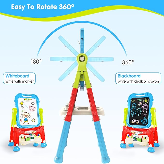 Kids Art Easel, Adjustable Drawing White Board & Chalk Board, Toddler Standing Easel with Painting Accessories, Gift for Girls Boy (Blue)