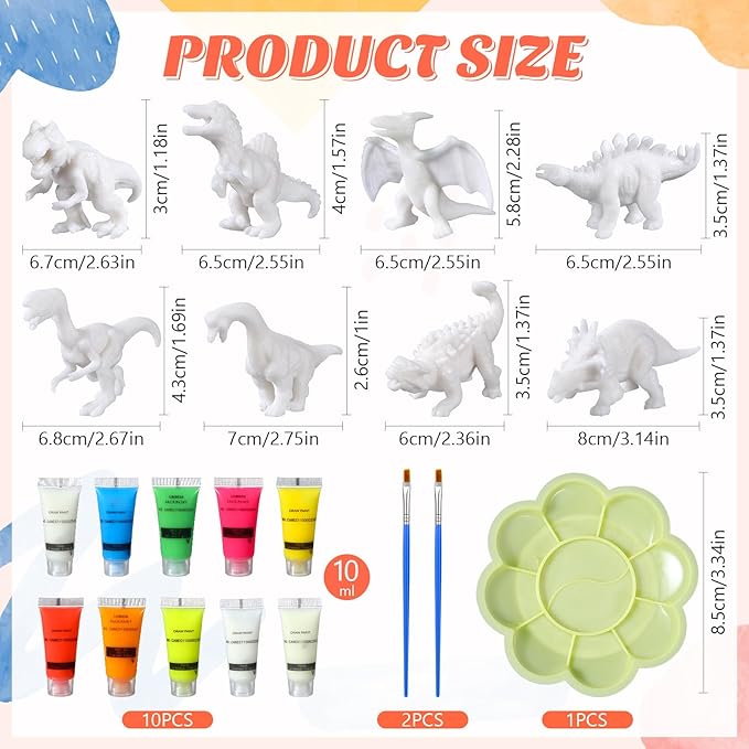 Affrolling Dinosaur Painting Set for Kids Arts DIY Paint Kits with Glow in The Dark Paint, Brush and Palette for Toddlers Boys Birthday Gifts Dino Art Crafts Projects, 8 Styles