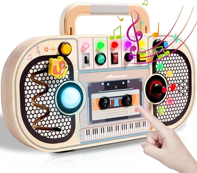 Busy Board Toys for 1 2 3 4 Year Old, Wooden Sensory Sensory Toy with Musical LED Lights Switches Motor Skills Developmental Early Educational Travel Baby 12-18 Month Toddler Birthday Gifts
