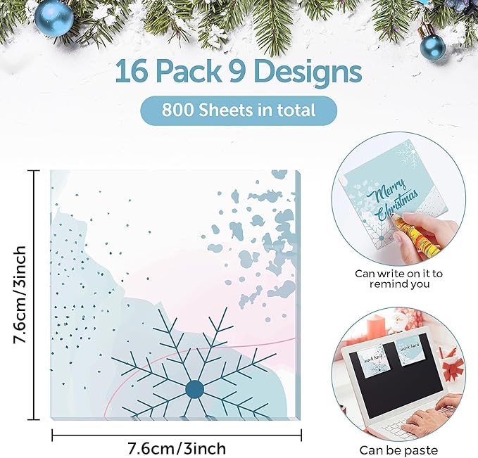16 Pieces Christmas Winter Snowflake Sticky Notes Winter Snowflake Design Self-Adhesive Note Pads Sticky Memo Notes for School Office Home Supplies Students Teachers Present