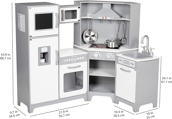 Amazon Basics Kids Corner Wooden Kitchen Toy Playset with Stove, Oven, Sink, Fridge and Accessories, for Toddlers, Preschoolers, Children Age 3+ Years, White & Gray, 39.37"L x 28.35"W x 35.04"H