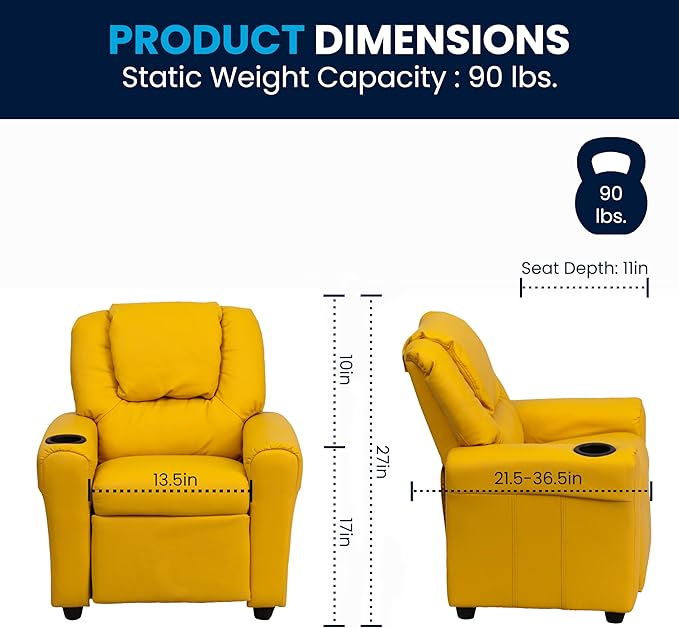 Flash Furniture Vana Vinyl Kids Recliner with Cup Holder, Headrest, and Safety Recline, Contemporary Reclining Chair for Kids, Supports up to 90 lbs., Yellow