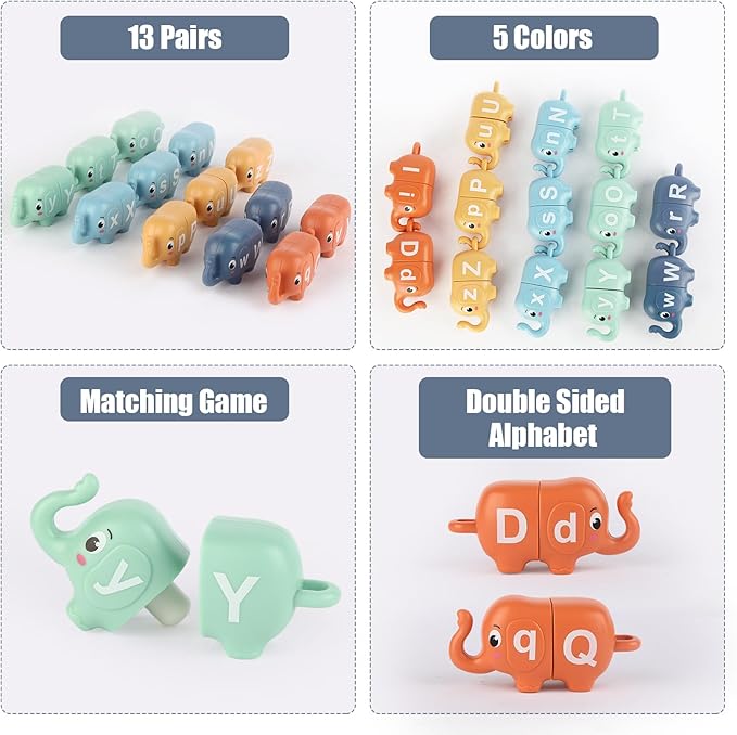 13PCS Elephant Alphabet Learning Toys for Toddlers 2-4, Toddler Preschool Learning Activities, Educational Montessori Toys for 2 Year Old, Double Sided Matching Game A-Z