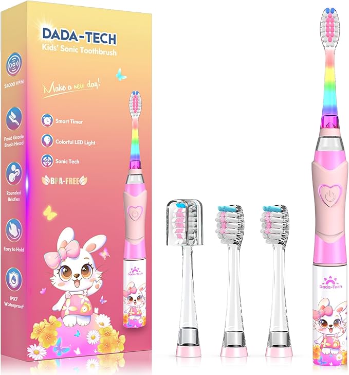 Kids Electric Toothbrush Toddler Toothbrush Age 2-4-8-12 Girls Electric Toothbrush with Timer Rainbow LED Light Up Vibrating Toothbrush Battery Operated Childrens Sonic Tooth Brush (Rabbit Pink)