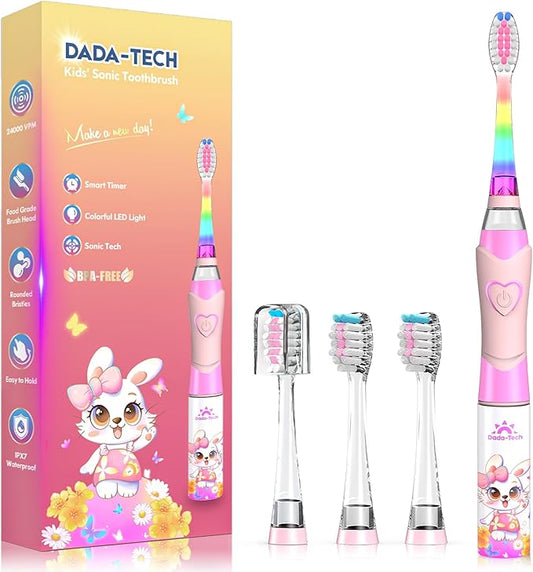 Kids Electric Toothbrush Toddler Toothbrush Age 2-4-8-12 Girls Electric Toothbrush with Timer Rainbow LED Light Up Vibrating Toothbrush Battery Operated Childrens Sonic Tooth Brush (Rabbit Pink)