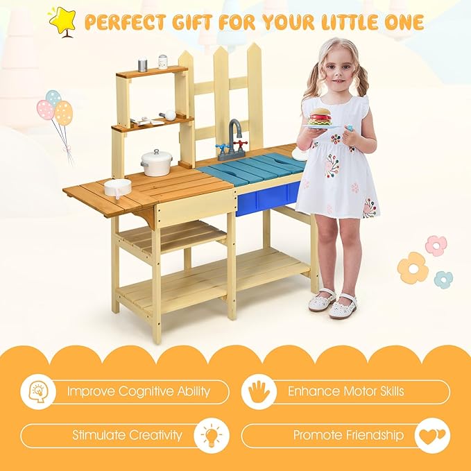 HONEY JOY Kids Mud Kitchen Playset, Indoor Outdoor Wooden Pretend Play Toy Kitchen with Removable Sink, Simulated Faucet, Mud Kitchen for Kids Outdoor, Gift for Boys Girls 3+