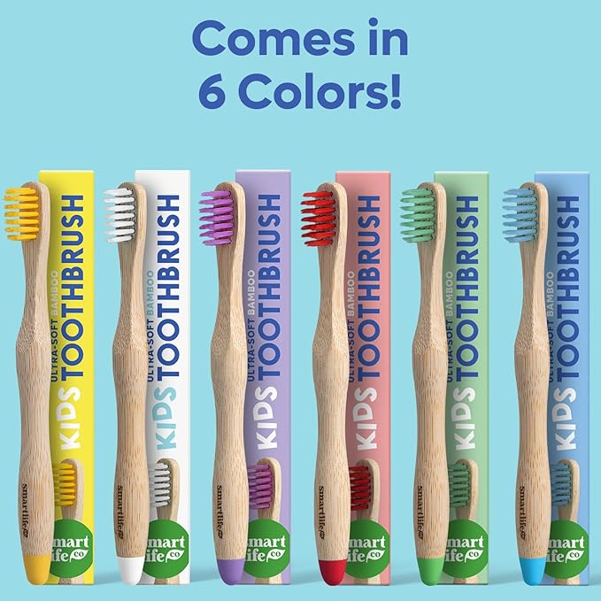 Kids Bamboo Toothbrushes (6 Pack) - Extra Soft Bristles For Toddlers Teeth | Zero Waste Biodegradable Tooth Brushes For Children | Natural Wooden Child Size Handle | BPA Free, Eco-Friendly Compostable