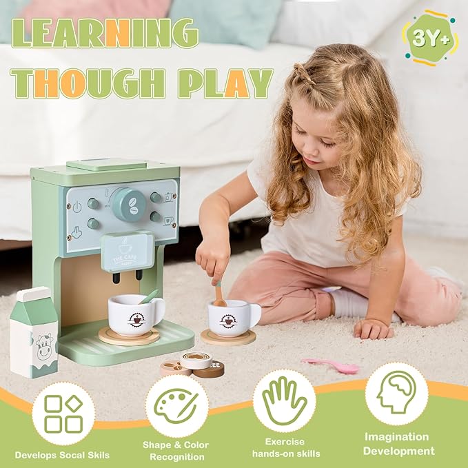 Kids Wooden Coffee Maker Toy Montessori Pretend Play Food Kitchen Accessories,Play Coffee Maker Set for Kids,Espresso Machine Playset Montessori Kitchen Toy for 3 4 5 Year Old Girls&Boys(14 Pcs)