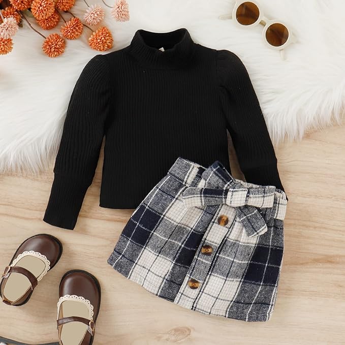 Fernvia Toddler Baby Girl Fall Winter Skirt Set Turtleneck Ribbed Long Sleeve T-Shirt Top & Plaid Skirts Dress 2Pcs Outfits