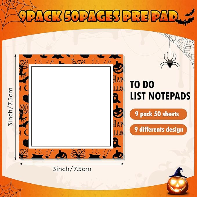 9 Pieces Halloween Sticky Note Self-Adhesive Halloween Note Pads with Spider Pumpkin Bat Eyeball Halloween Memo Notes for Halloween School Office Home Students Teachers Presents 50 Sheets Each