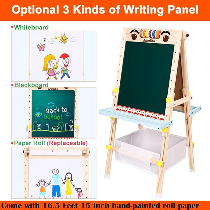 Kids Easel with Paper Roll Double-Sided Whiteboard & Chalkboard Standing Easel with Numbers and Other Accessories for Kids and Toddlers (with Abacus)