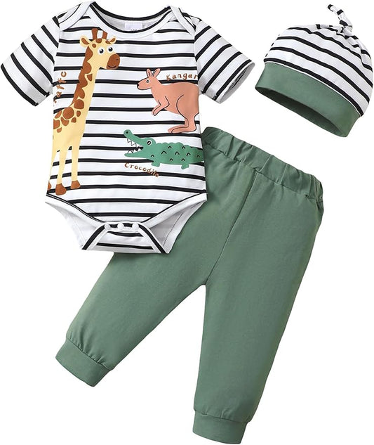 SUNNY PIGGY Baby Boy Clothes Newborn Infant Boys Outfits Romper Hat Pants 3PC Set 0-3 3-6 6-12 12-18 Month Clothing Gift