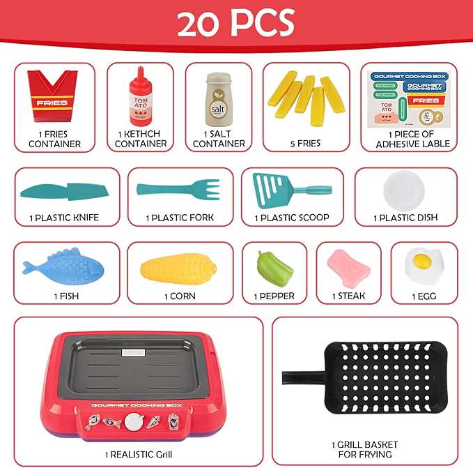 Kids Grill Playset,Kids Play Food with Water Activated Color Changing Toys, Simulation Cooking Toy with Water, Kitchen Toy for Toddler Child Girl Boy 3 4 5 6 Year Old - Red