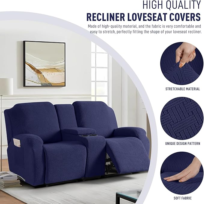 KinCam Loveseat Recliner Covers with Middle Console Slipcover, Recliner Sofa Covers 2 Seat Couch Cover Stripe Jacquard Furniture Protector Covers with Elastic Bottom for Kids, Pets (Dark Blue)
