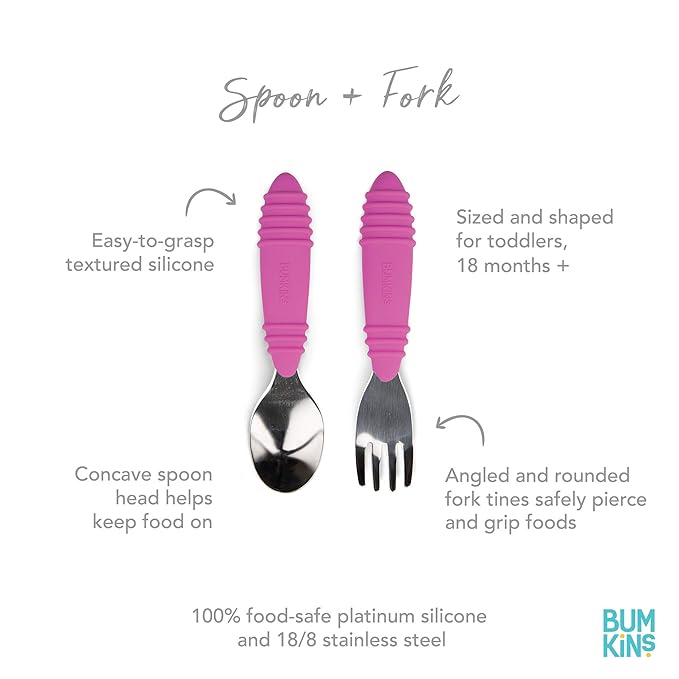 Bumkins Toddler Utensils, Kids Size Fork and Spoon Set, Silicone and Stainless-Steel Training Silverware, Angled Forks / Sporks for Self-Feeding, Children Hold Learning to Eat, 18 Months Up, Fuchsia