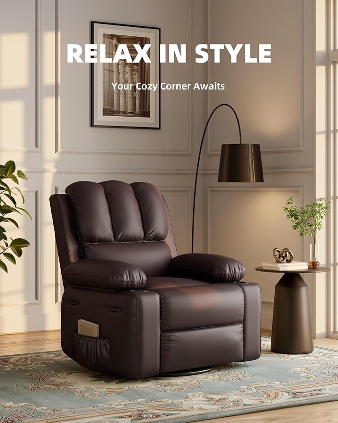 22'' Leather Recliner Chair for Adults, Overstuffed Manual Recliner Chair, Single Sofa with Cup Holder and Side Pockets, Upholstered Chair for Living Rooms, Coffee