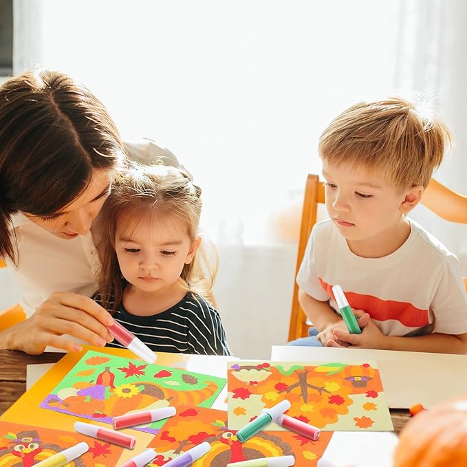 30 Sets Fall Thanksgiving Sand Art Kits for Kids DIY Fall Harvest Craft Sand Painting Colored Sand Art Painting Cards Set for Children DIY Arts Fall Theme Educational Learning Activities