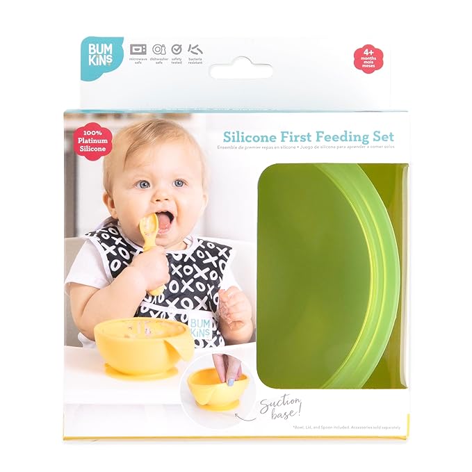 Bumkins Baby Bowl, Silicone Feeding Set with Suction for Baby and Toddler, Includes Spoon and Lid, First Feeding Set, Training Essentials for Baby Led Weaning for Babies 4 Months Up, Green Jelly