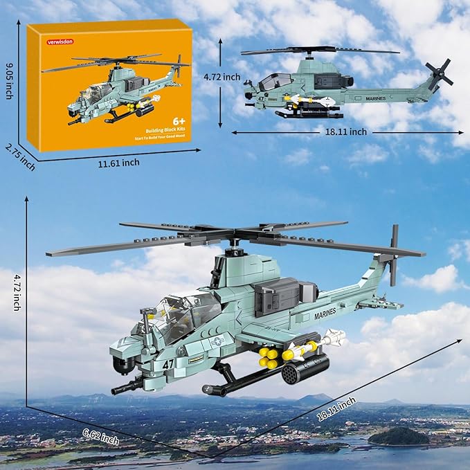 597 Pcs AH-1Z Viper Helicopter Building Set,STEM Military Army Airplane Building kit,Plane Model Collectible Home Decor,Air Force Building Block Toys,Military Toy Gifts for Kids Teens Adults