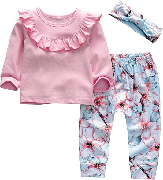 KuKitty 3Pcs Baby Girl Outfits Set Long Sleeve T-Shirt Tops Flowers Pants with Headband