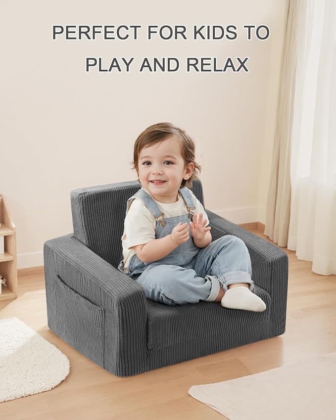 Toddle & Kids Chair,2-in-1 Soft Toddler Couches That Fold Out,Toddler Chairs Comfy 1-3 Years Old,Convertible Sofa to Lounge,Grey