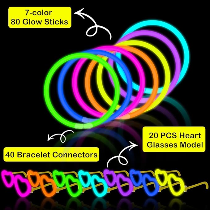 20 Pack Valentines Day Glow Heart Glasses Party Favor Supplies with 80 Glow Sticks & Connectors (for 20 Neon Glasses, 40 Bracelets or 13 Necklaces), Glow in Dark Accessories for Wedding Dance Camping