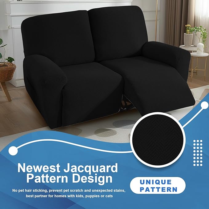 JIVINER 4 Pieces Recliner Loveseat Covers Stretch Recliner Sofa Slipcover with Elastic Bottom Jacquard Fitted Reclining Couch Cover Furniture Protector with Pockets (2 Seater, Black)