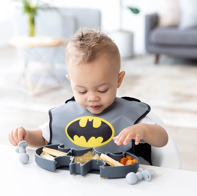 Bumkins Toddler and Baby Suction Plate, Silicone Grip Dish, Babies and Kids, Baby Led Weaning, Children Feeding Supplies, Non Skid Sticky Bottom, Platinum Silicone, Ages 6 Months Up, Batman Gray